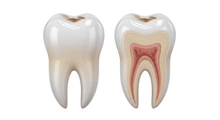Anatomical illustration of a human tooth, showing external and crosssection views, isolated on transparent background