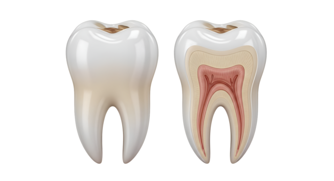 Anatomical illustration of a human tooth, showing external and crosssection views, isolated on transparent background