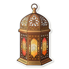 Islamic lantern with intricate cut design in sticker style, symbolizing light, tradition, and celebration, isolated