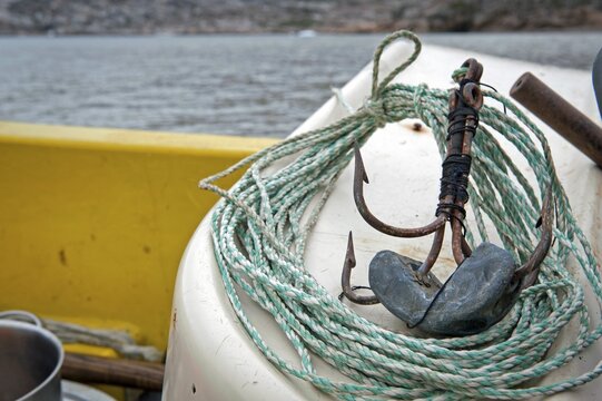 Fishing hook and line, Inuit hunter, near the Inuit settlement of Tiniteqilaaq or Tiilerilaaq, Sermilik Fjord, East Greenland, Greenland