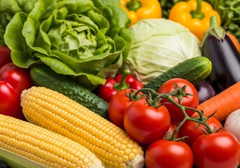 Vegetables and fruits such as corn, lettuce, tomatoes, cabbage and other vegetables background