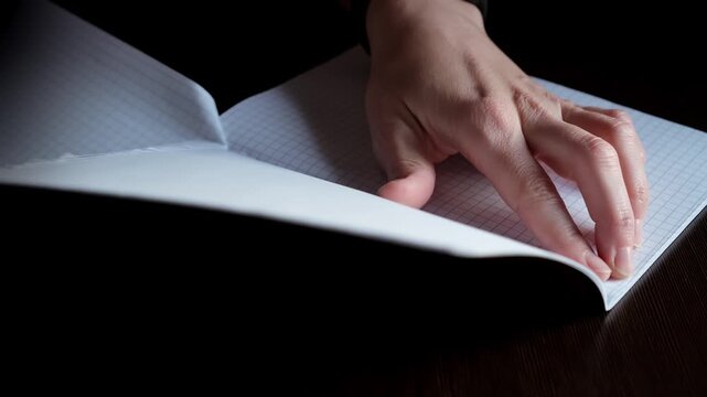 Female hands pulling page from the notebook top view. The tearing of paper sheet out of the copybook. Made the mistake. The concept of expressing frustration or stress relief. High quality 4k footage.