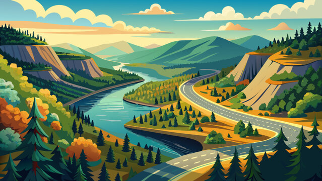 Very beautiful aerial drone view of a winding road along the Delaware River among the mountains in the Poconos, Pennsylvania, USA, showing lush forests, natural scenery, and peaceful wilderness.