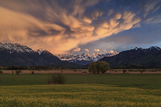 Thunderclouds, cloudy mood, evening light, mountain landscape, spring, Murnauer moss, behind Zugspitze, Bavarian Alps, Bavaria, Germany