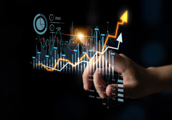 A hand interacts with an advanced digital graph, showcasing upward trends in finance and analytics. Ideal for illustrating growth and innovation in business settings. Scalp