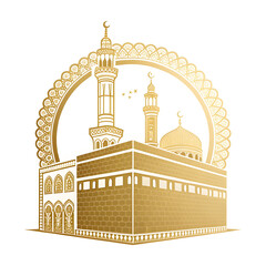 Simple icon of Kaaba cube in sticker style, representing Islamic faith and pilgrimage, isolated