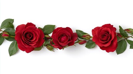 Fototapeta premium Composizione lineare di tre rose rosse sbocciate, insieme a boccioli, foglie verdi e steli, disposte su uno sfondo bianco pulito.