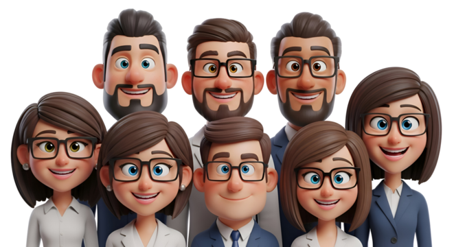 Diverse group of cartoon business people wearing glasses and smiling, isolated on transparent background