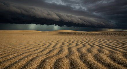 Naklejka premium Dramatic dark storm clouds rolling over vast desert dunes with textured sand patterns under turbulent sky at sunset