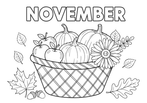 Autumn Harvest Basket Coloring Page A delightful November illustration for kids and adults, featuring pumpkins, apples, and fall leaves for creative seasonal fun