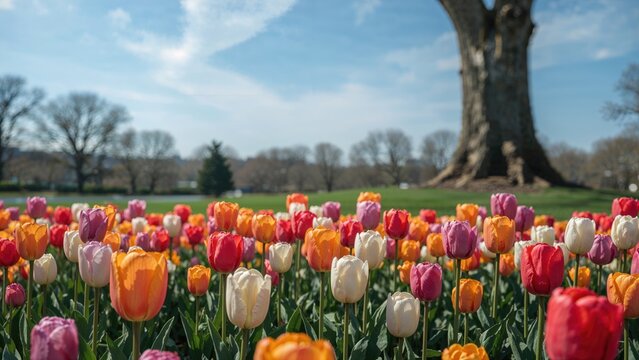 Tulip Flower Background with multi-colored tulib flowers in a garden suitable for background use