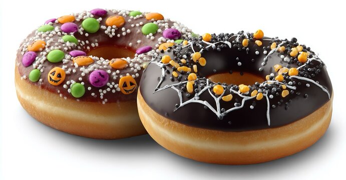 Due ciambelline decorate con temi di Halloween, con  glassa al cioccolato, decorata con caramelle multicolori, un teschio di zucchero e ragnatele