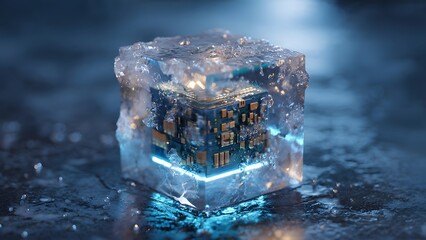 Frozen Technology: A conceptual image showcases a complex technological construct encased within a block of ice, symbolizing innovation and the preservation of progress.