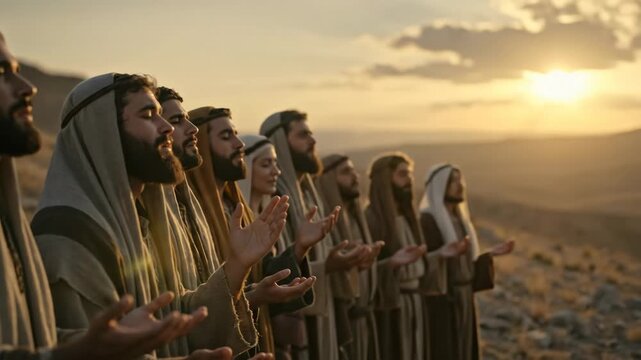 Believers, women, and men, praying with outstretched hands in desert landscape during sunset, spiritual religious biblical footage.