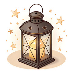 Glowing lantern in sticker style, symbolizing light, warmth, and spirituality, commonly used in Islamic festivals, isolated