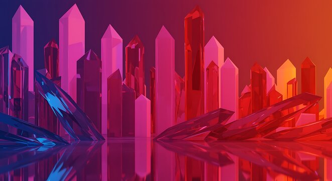 Abstract cityscape of geometric crystals in vibrant pink and blue hues with reflections on a mirrored surface