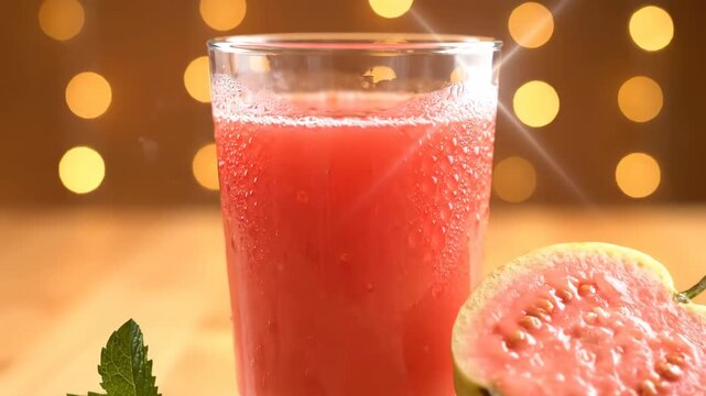 Refreshing pink guava smoothie with fresh mint leaves and whole fruit on a
