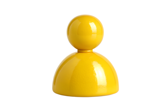 A single bright yellow pawn game piece isolated on a stark black background