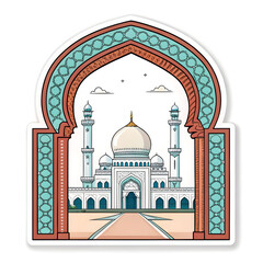 Mosque gate with Islamic arch design in sticker style, symbolizing tradition, architecture, and faith