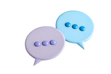 Two 3d speech bubbles in pastel purple and light blue with dots representing conversation against a black background
