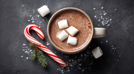 Comforting top view of sweet hot chocolate drink with marshmallow in cup. Festive candy cane for warm Christmas and winter holiday celebration