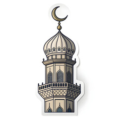 Mosque minaret with crescent on top in sticker style, symbolizing Islamic architecture, faith, and spirituality