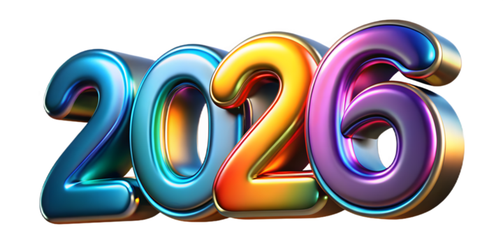 A Vibrant Display of the Year Two Thousand and Twenty-Six in Glossy, Metallic Colored Numbers.