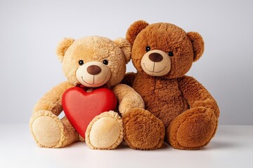 Obraz premium Two adorable teddy bears with a red heart