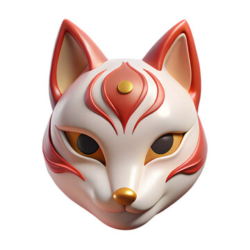 Intricate red and white kitsune mask with golden accents, poised against a teal backdrop, lovely.