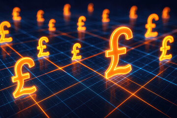 Glowing Orange Pound Sterling Symbols Arranged in a Digital Grid with Orange Lines currency finance