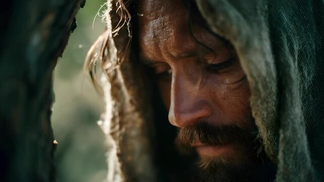 A bearded man in a hooded cloak gazes downward in a close-up shot, his face framed by tree bark.