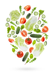 Fresh organic vegetables background. Salad ingredients - green chinese cabbage, tomatoes, leafy greens, cucumbers fly as flow on white background, isolated. Ideal for healthy eating, diet menu.