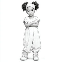 Confident little Black girl with curly hair, cute and sassy, standing with arms crossed against a white background