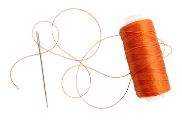 Old spool of thread and needle on a white background. Sewing accessories