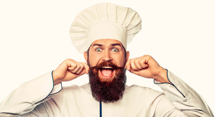 Funny chef with beard cook. Beard man and moustache wearing bib apron. Bearded chef, cooks or...