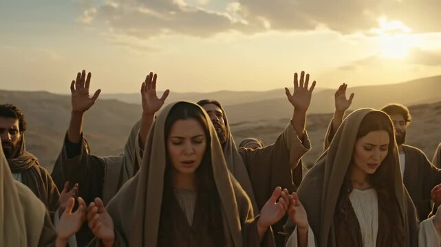 A group of women and men in ancient robes praying with raised hands in a desert landscape during biblical times, spiritual worship footage.