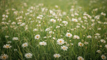 Fluffy flowers in green grass with soft focus. Summer meadow scene. Tender photograph of the natural landscape.