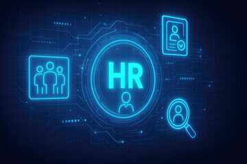 Human Resources HR digital hub with icons for people and recruitment technology interface