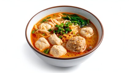 A bowl of savory soup with noodles, meatballs, and green garnish, isolated on white