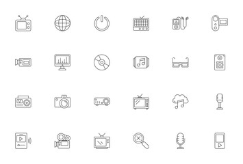 Podcast icon set. Minimal vector icons pack. Include symbols for television, rdio, mic, music player, reording, video camera, digial media and more.