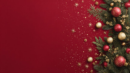 Red Christmas backdrop with decorative pine branches and sparkling ornaments symbolizing warmth, joy, and holiday spirit
