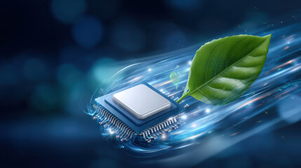 Green microchip energy efficient processor leaf concept showing eco friendly computing and high performance speed