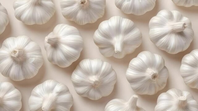 white garlic bulbs arranged on a light beige background