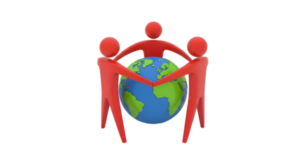 Three red figures holding hands around a globe, symbolizing unity and global connection isolated on transparent background