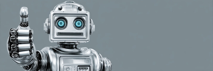 Positive vintage robot with thumbs up gesture showing approval and success. This metal character represents future technology and artificial intelligence with retro style