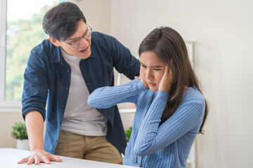Breakup and depressed, asian young quarrel couple love fight relationship in trouble. Different people are emotion angry. Argue wife has expression, upset with husband. Problem of family people.