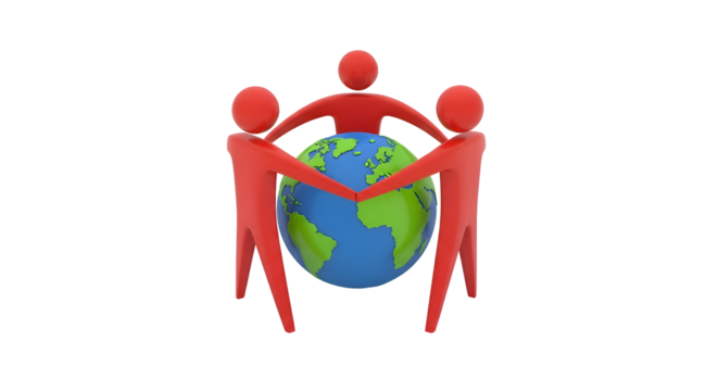 Three red figures holding hands around a globe, symbolizing unity and global connection isolated on transparent background