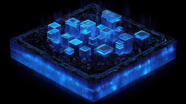 Computer security concept showcasing a digital cityscape represented by glowing buildings against a dark background, highlighting cybersecurity importance in modern technology