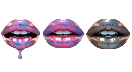 Three pairs of lips with metallic and iridescent colors isolated on transparent background