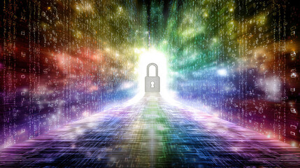 Exploring the concepts of computer security amidst vibrant digital landscapes filled with data flows and encryption visuals